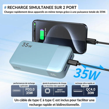 Batterie externe 35W avec recharge simultanée sur 2 ports, incluant USB-C et USB-A. Charge rapide PD3.0 et QC4.0, livrée avec un cùble USB-C bidirectionnel. Idéale pour smartphones, tablettes et appareils connectés.